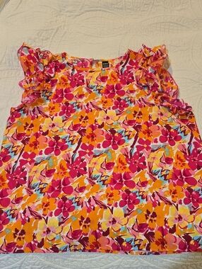 Ladies Floral Ruffle Sleeve Top - Pink & Orange